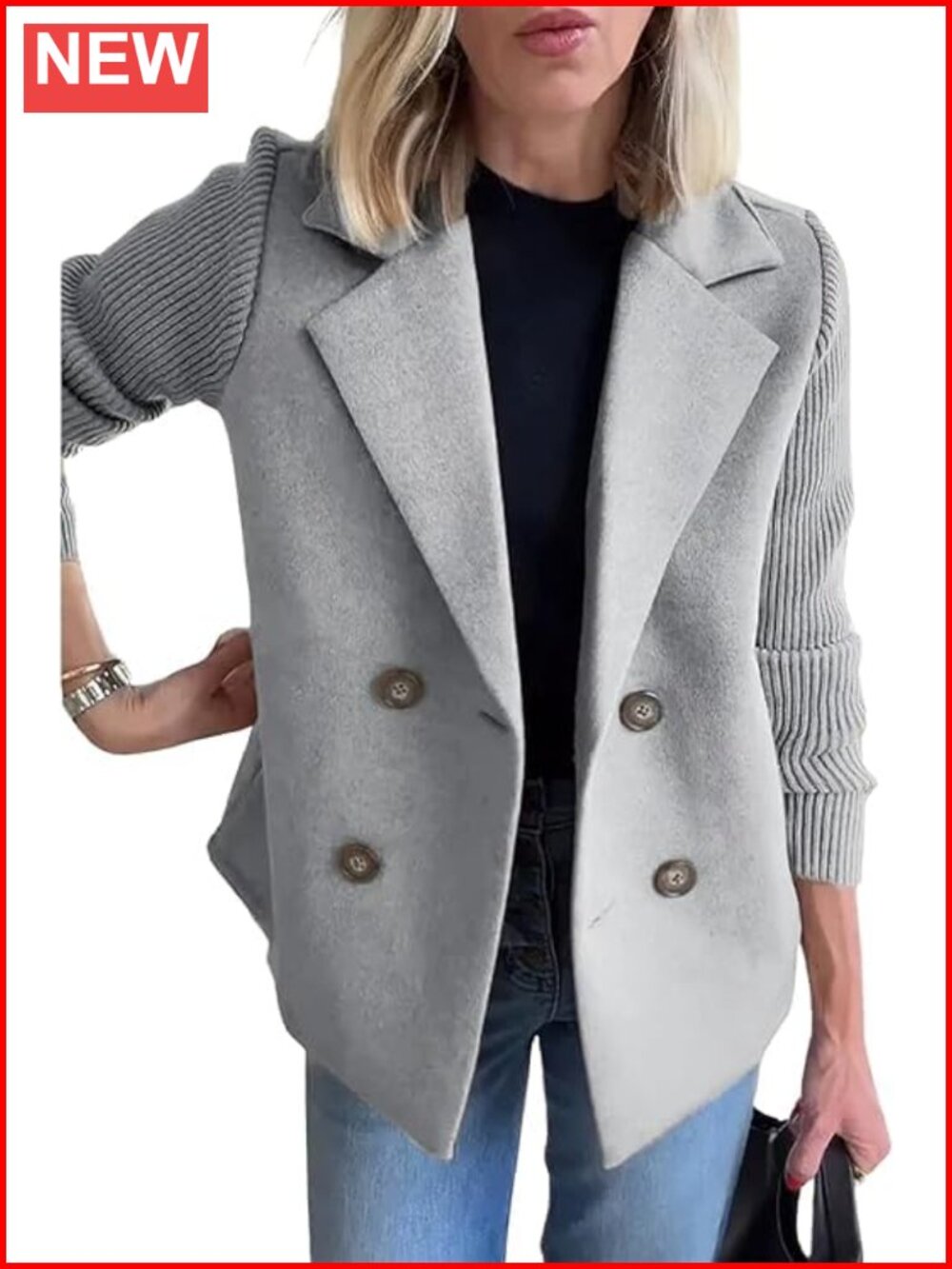 Wool Blend Cropped Pea Coat Double Breasted Knit Blazer